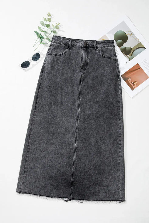 'Mobi' Raw Hem Midi Denim Skirt with Pockets - Celes Fashion